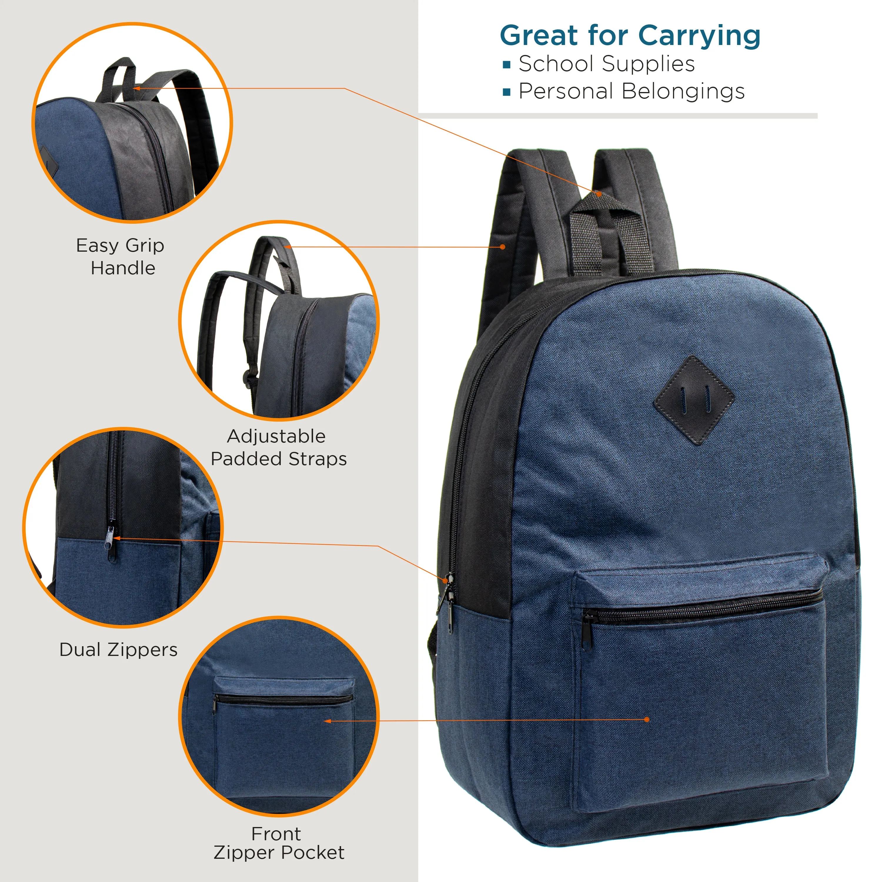 17" Kids Basic Wholesale Backpack in Assorted 5 Colors Diamond Patch - Bulk Case of 24 Backpacks