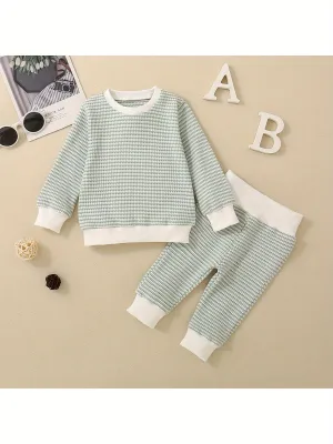 2-Piece Toddler Layette Set - Soft Waffle Stripe Long Sleeve Sweatshirts and Cozy Long Pants for Baby Boys Fall Outfits - 3M-3T Size, Comfortable and Adorable Clothing for Daily Wear