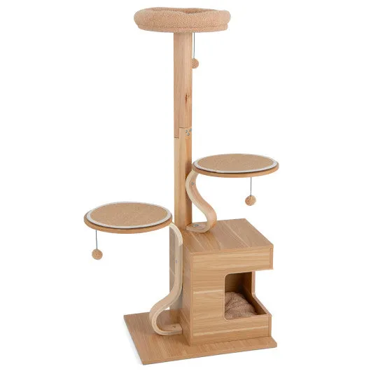 4-Layer Wooden Cat Tree 51" Tall Cat Tower with Condo and Washable Cushions-Natural