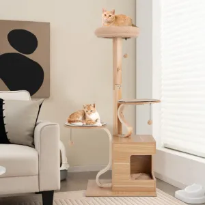 4-Layer Wooden Cat Tree 51" Tall Cat Tower with Condo and Washable Cushions-Natural