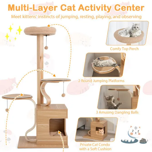 4-Layer Wooden Cat Tree 51" Tall Cat Tower with Condo and Washable Cushions-Natural