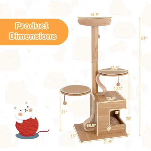 4-Layer Wooden Cat Tree 51" Tall Cat Tower with Condo and Washable Cushions-Natural