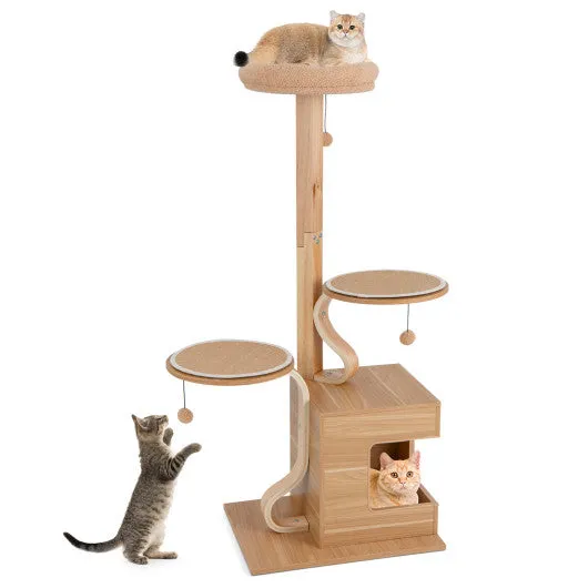 4-Layer Wooden Cat Tree 51" Tall Cat Tower with Condo and Washable Cushions-Natural