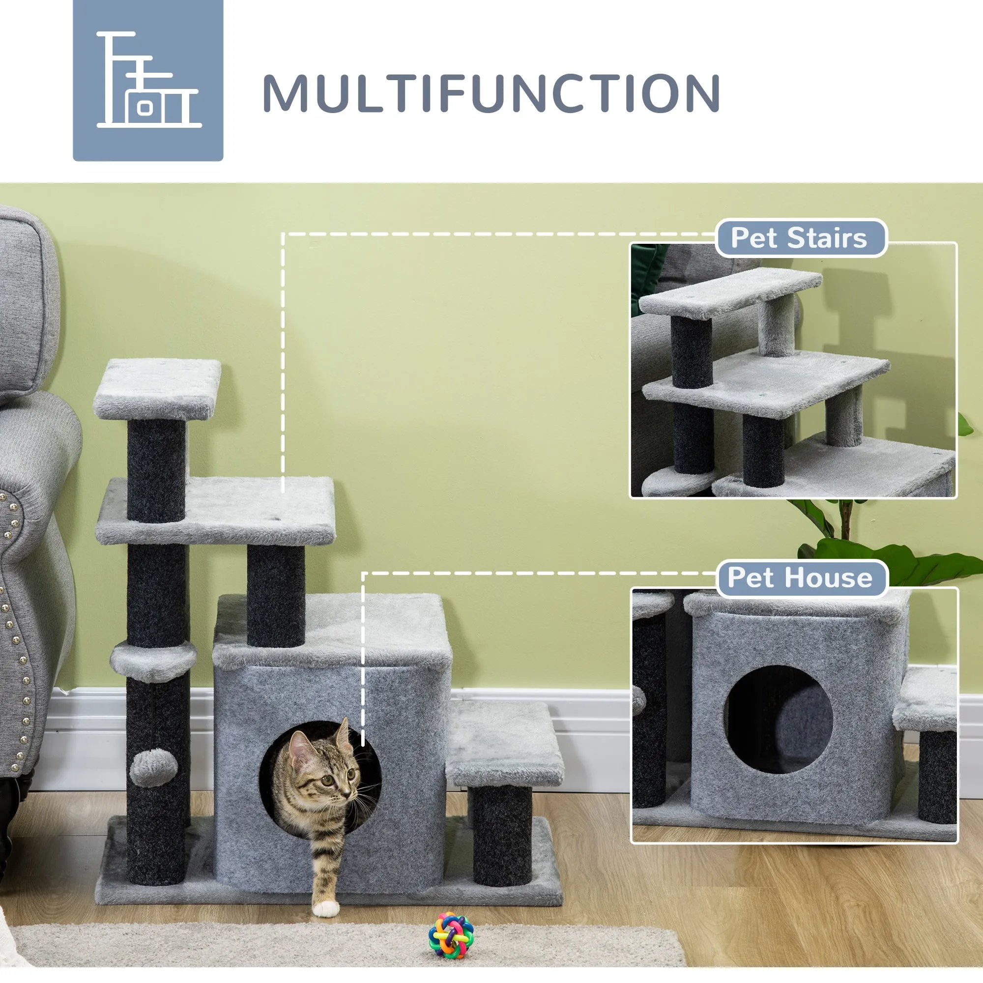 Adjustable Cat Stairs w/ Cat House, 66H x 60L x 40Wcm - Grey