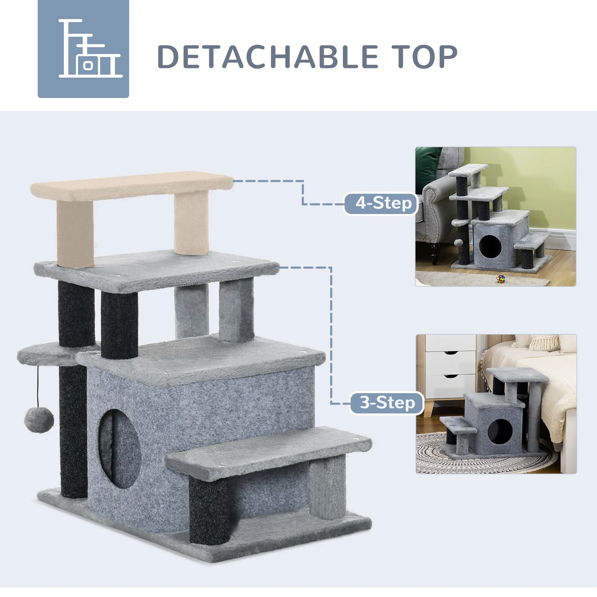 Adjustable Cat Stairs w/ Cat House, 66H x 60L x 40Wcm - Grey