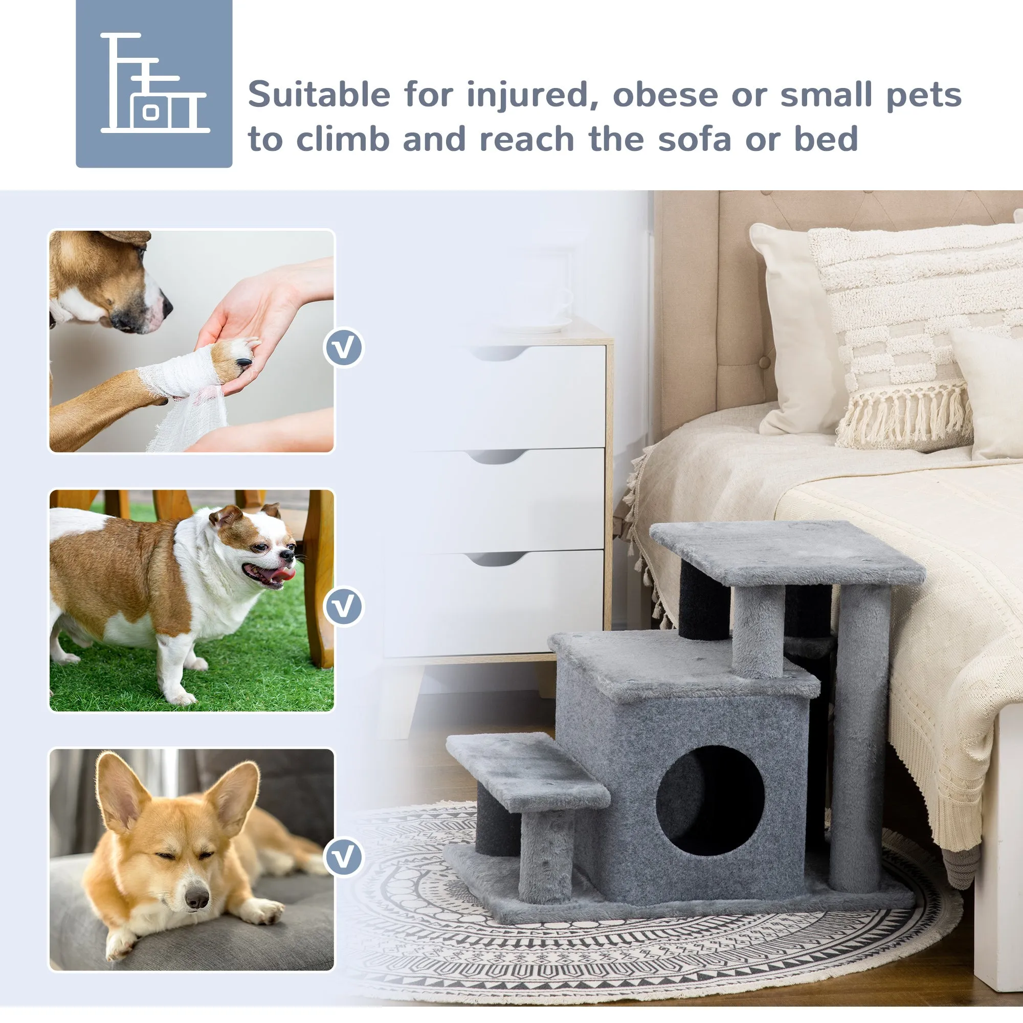 Adjustable Cat Stairs w/ Cat House, 66H x 60L x 40Wcm - Grey