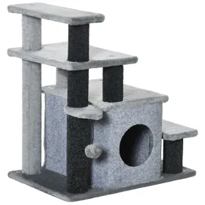 Adjustable Cat Stairs w/ Cat House, 66H x 60L x 40Wcm - Grey