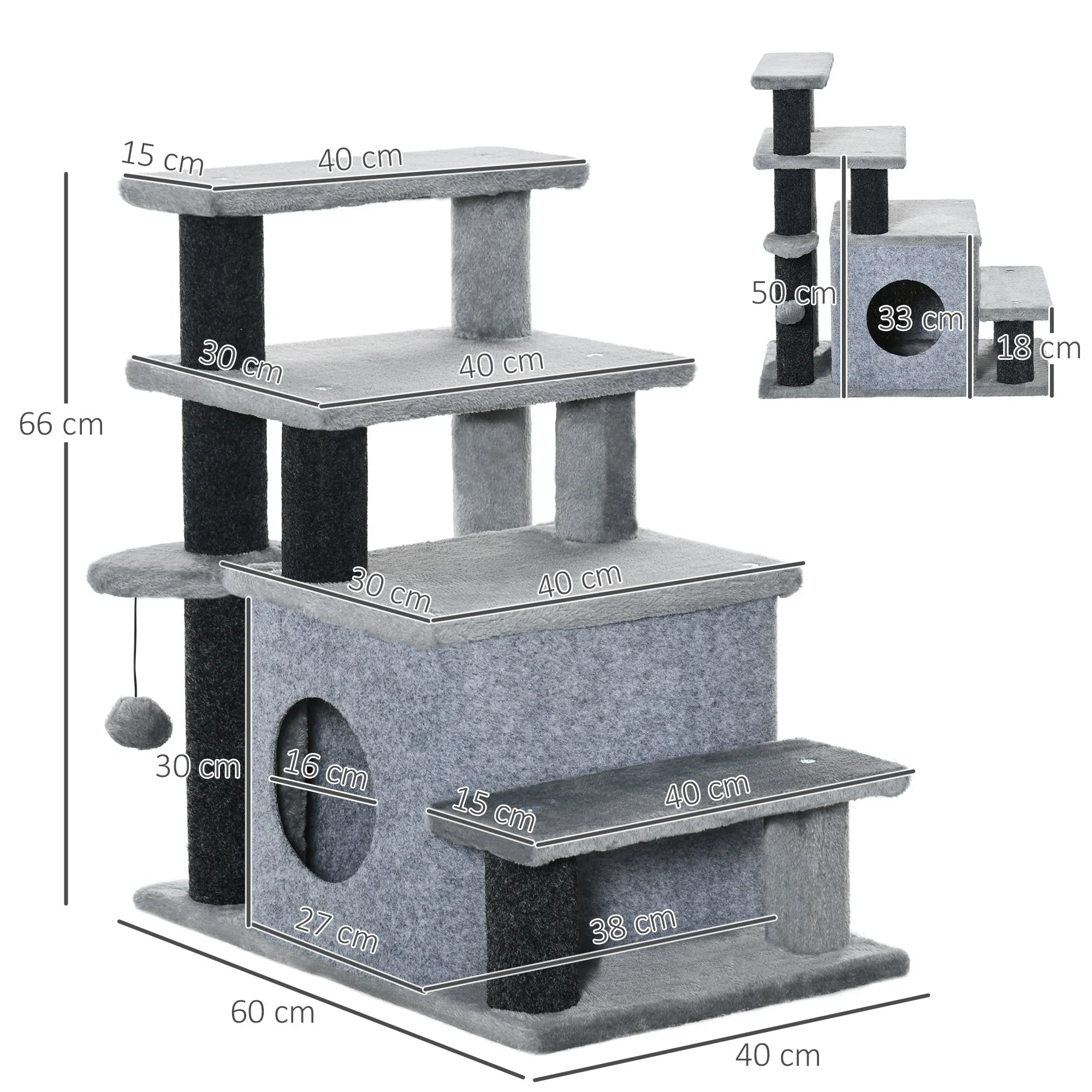 Adjustable Cat Stairs w/ Cat House, 66H x 60L x 40Wcm - Grey