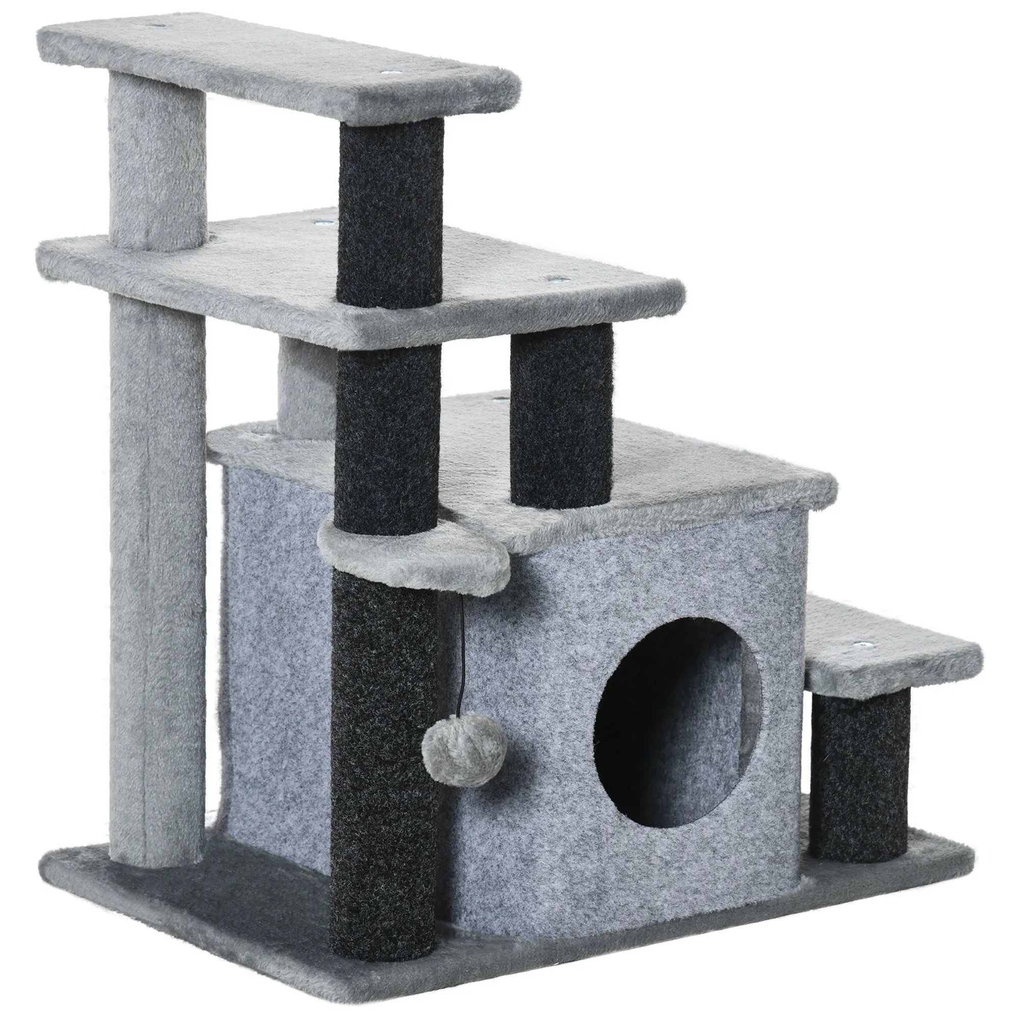 Adjustable Cat Stairs w/ Cat House, 66H x 60L x 40Wcm - Grey