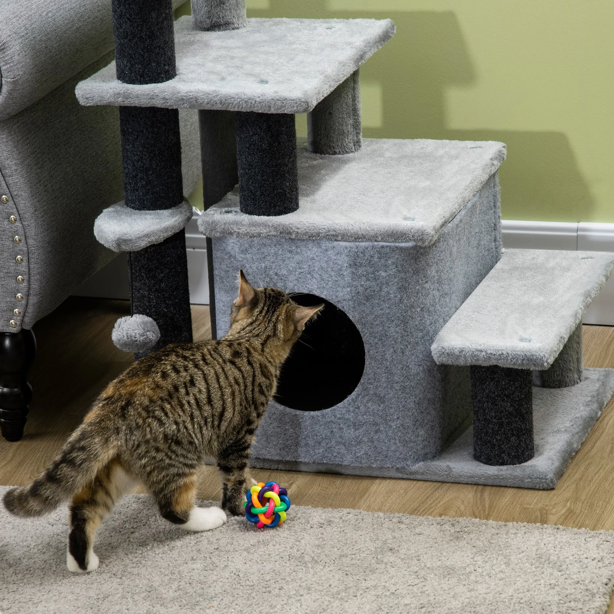 Adjustable Cat Stairs w/ Cat House, 66H x 60L x 40Wcm - Grey