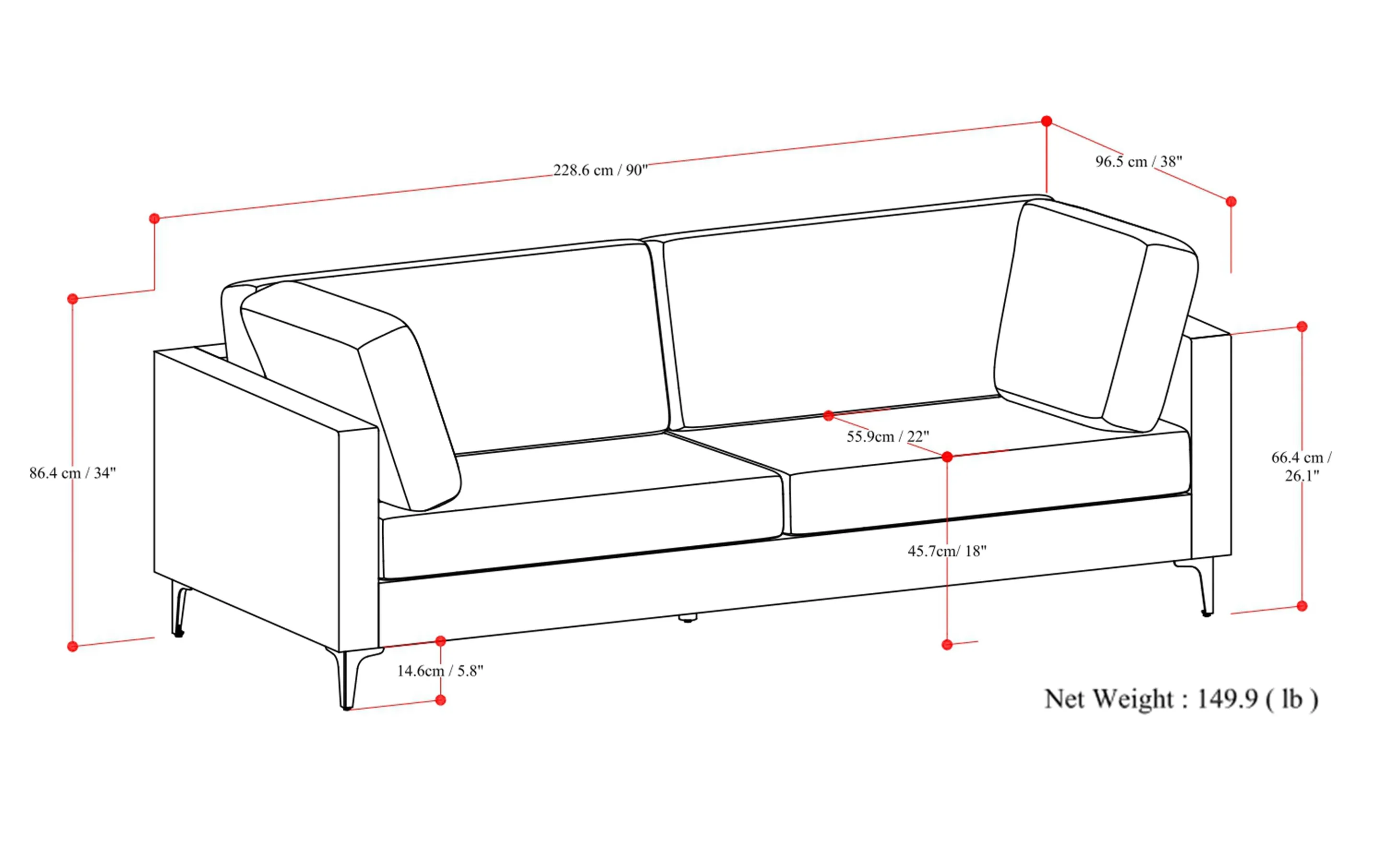 Ava 90 inch Mid Century Sofa