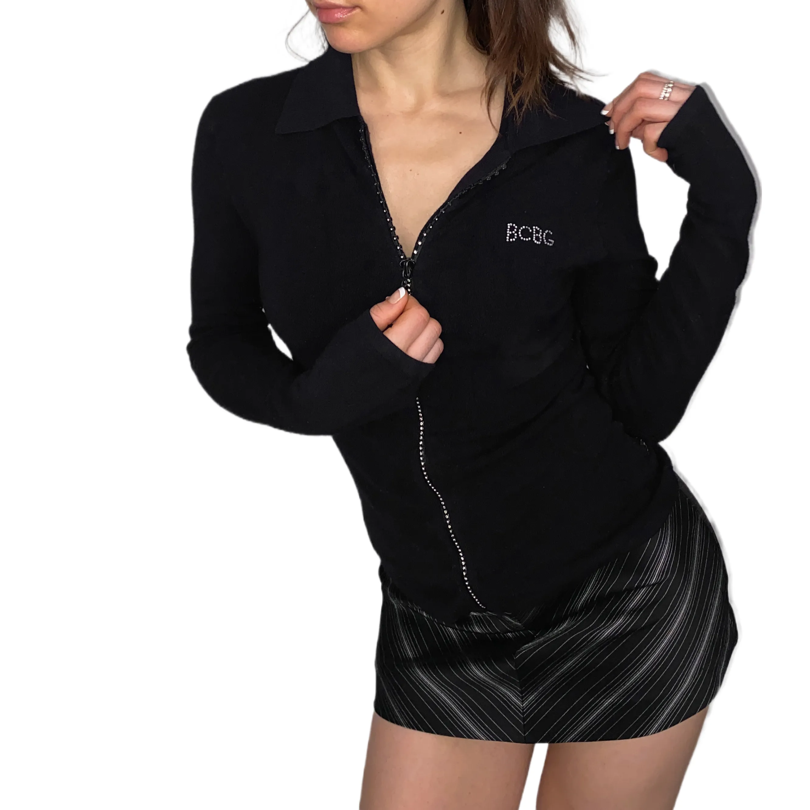 BCBG Black Rhinestone Zip Knit (S)