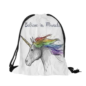 Believe in Miracles Unicorn Drawstring Backpack Shoulder Bag