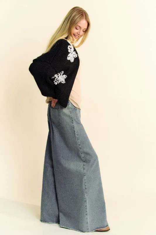 Black and White Floral Applique Cardigan