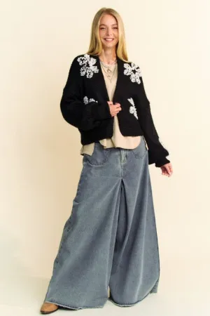 Black and White Floral Applique Cardigan