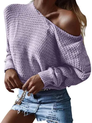 Casual Batwing Sleeve One Shoulder Plain Womens Sweater