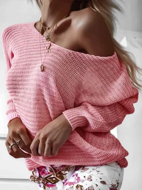 Casual Batwing Sleeve One Shoulder Plain Womens Sweater