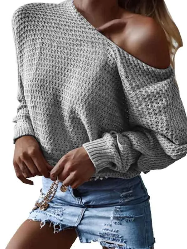 Casual Batwing Sleeve One Shoulder Plain Womens Sweater