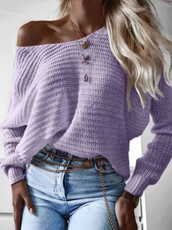 Casual Batwing Sleeve One Shoulder Plain Womens Sweater
