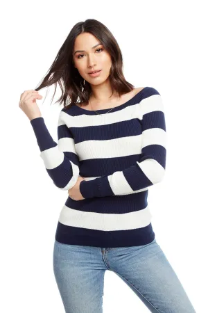 Chaser Rib Sweaters Long Sleeve Open Neck Reglan Pullover Sweater - Stripe
