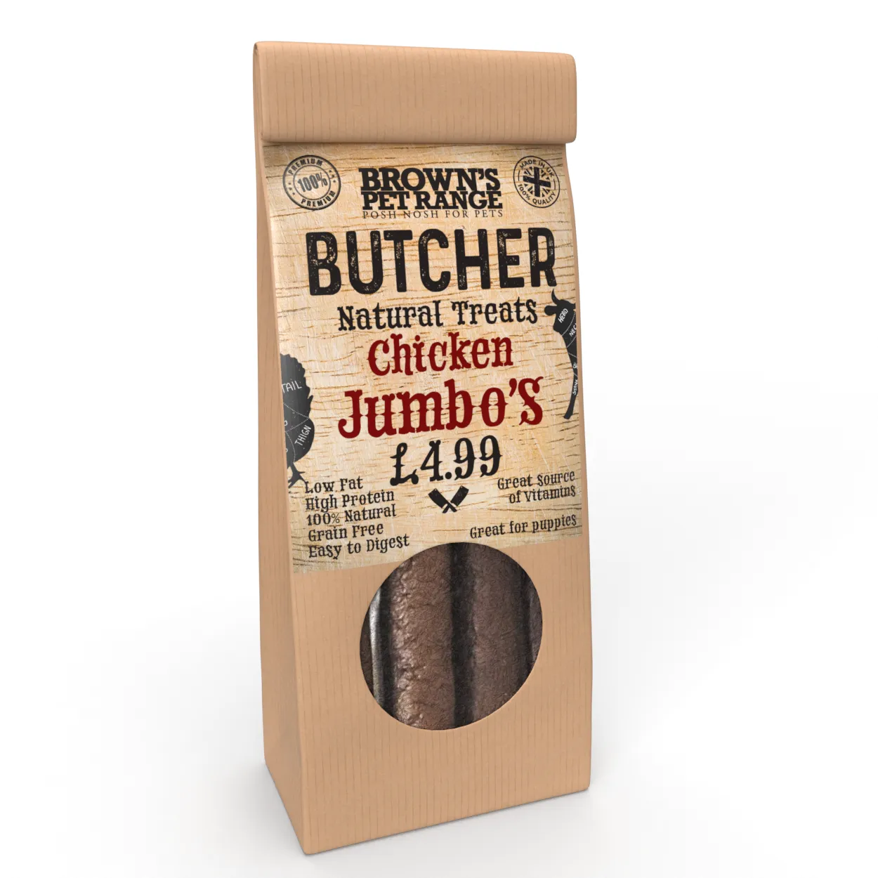 Chicken Butchers Jumbo Sausages x5 | Brown's Natural Dog Treats