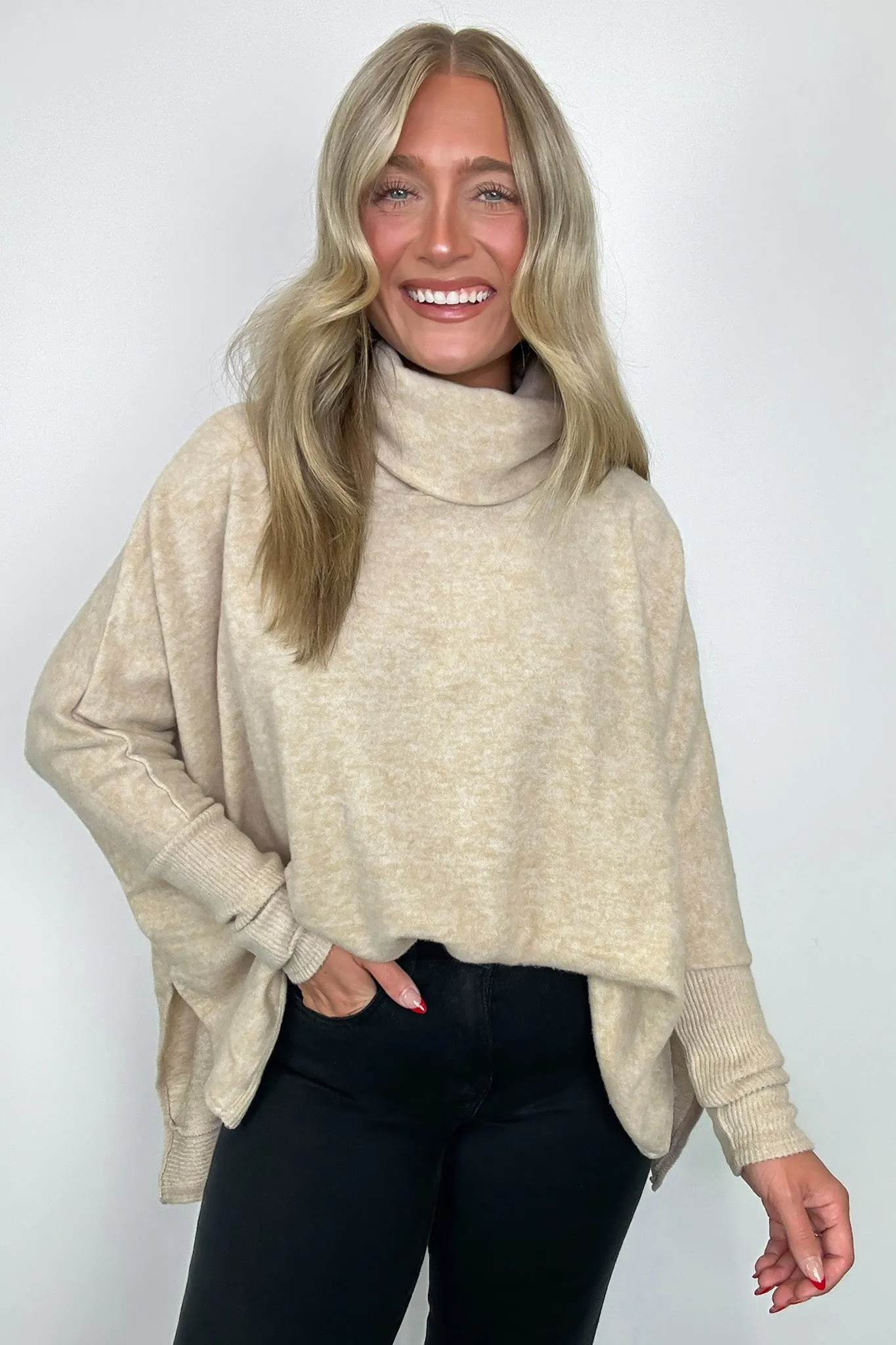 Cozy Harmony Brushed Melange Knit Cowl Neck Poncho Sweater - BACK IN STOCK