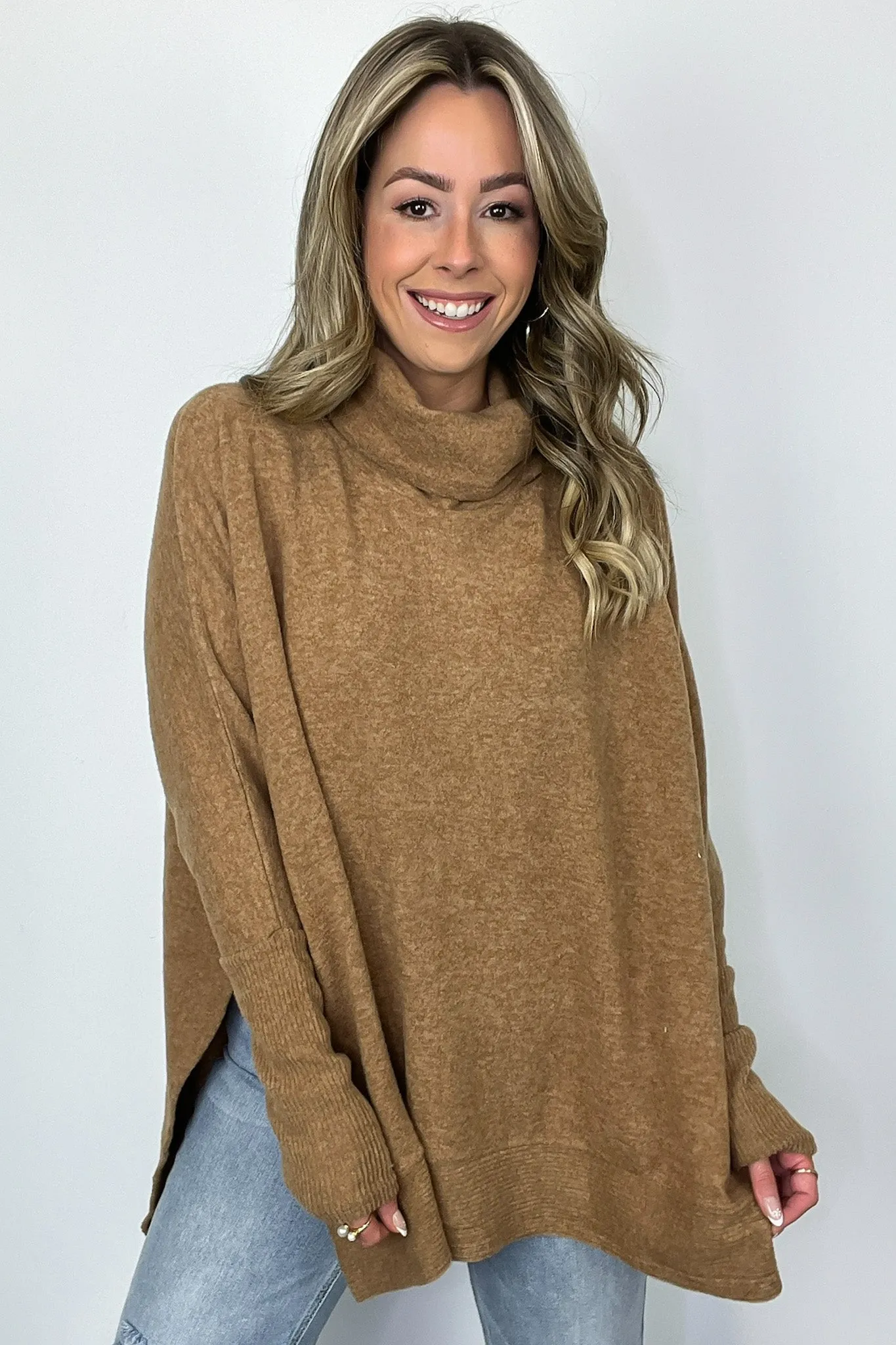 Cozy Harmony Brushed Melange Knit Cowl Neck Poncho Sweater - BACK IN STOCK