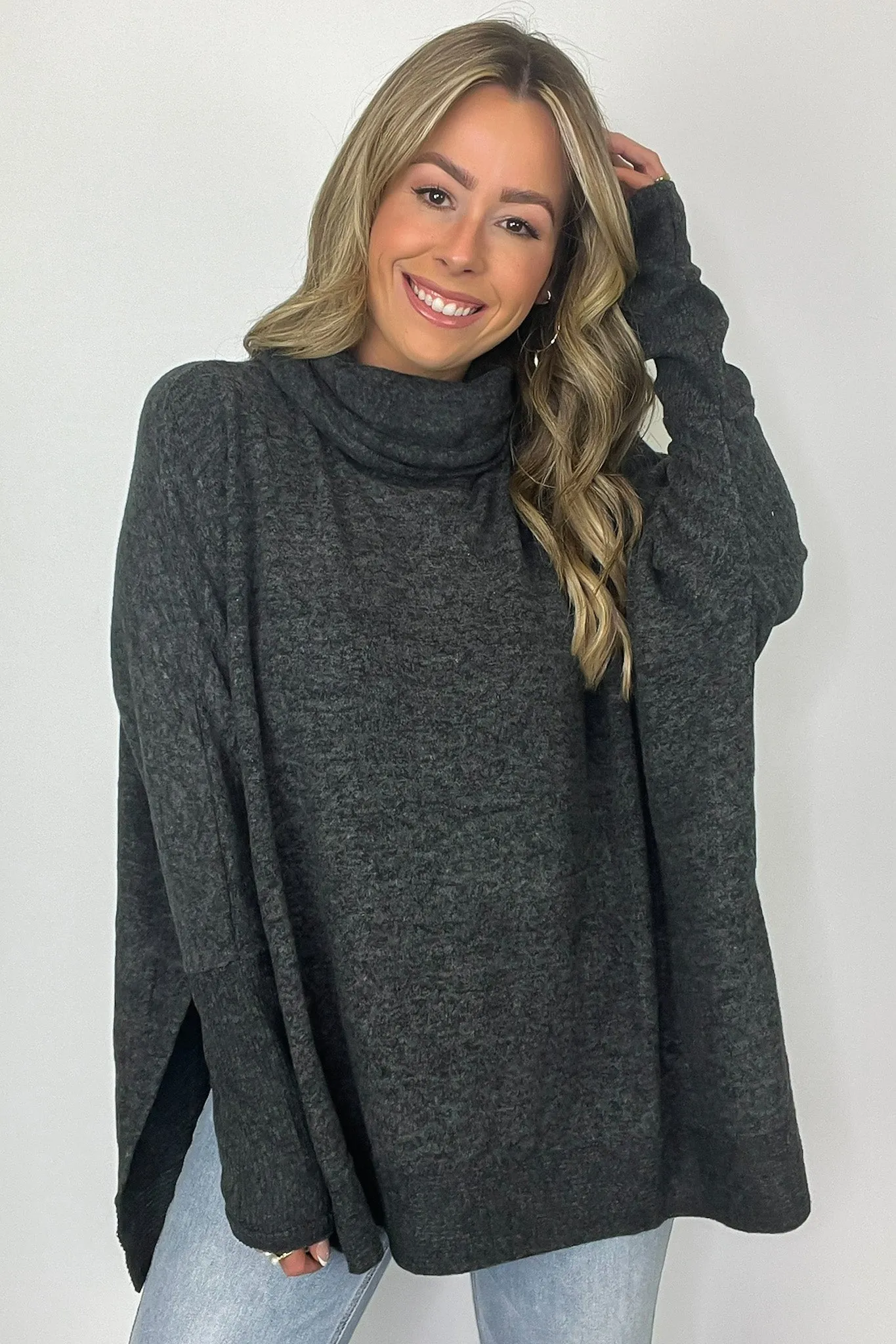 Cozy Harmony Brushed Melange Knit Cowl Neck Poncho Sweater - BACK IN STOCK
