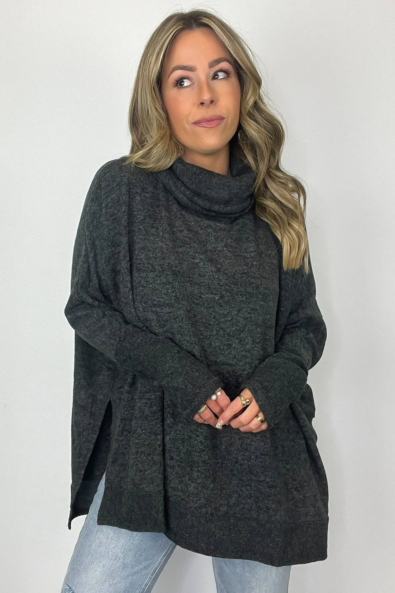 Cozy Harmony Brushed Melange Knit Cowl Neck Poncho Sweater - BACK IN STOCK