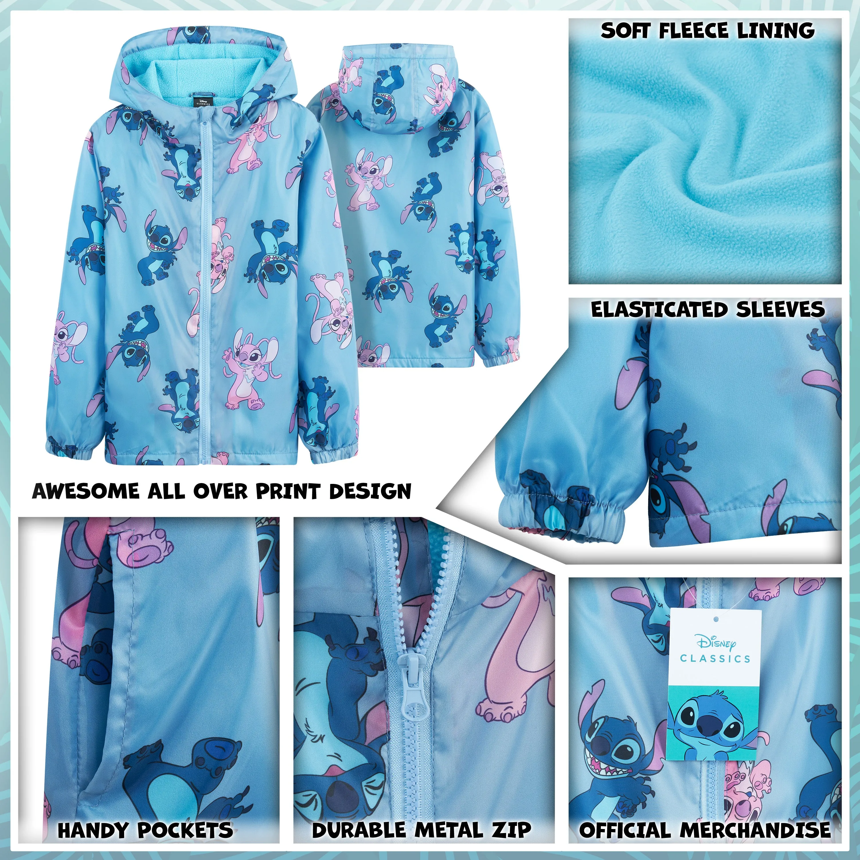 Disney Stitch Girls Raincoat - Waterproof Hooded Jacket for Kids