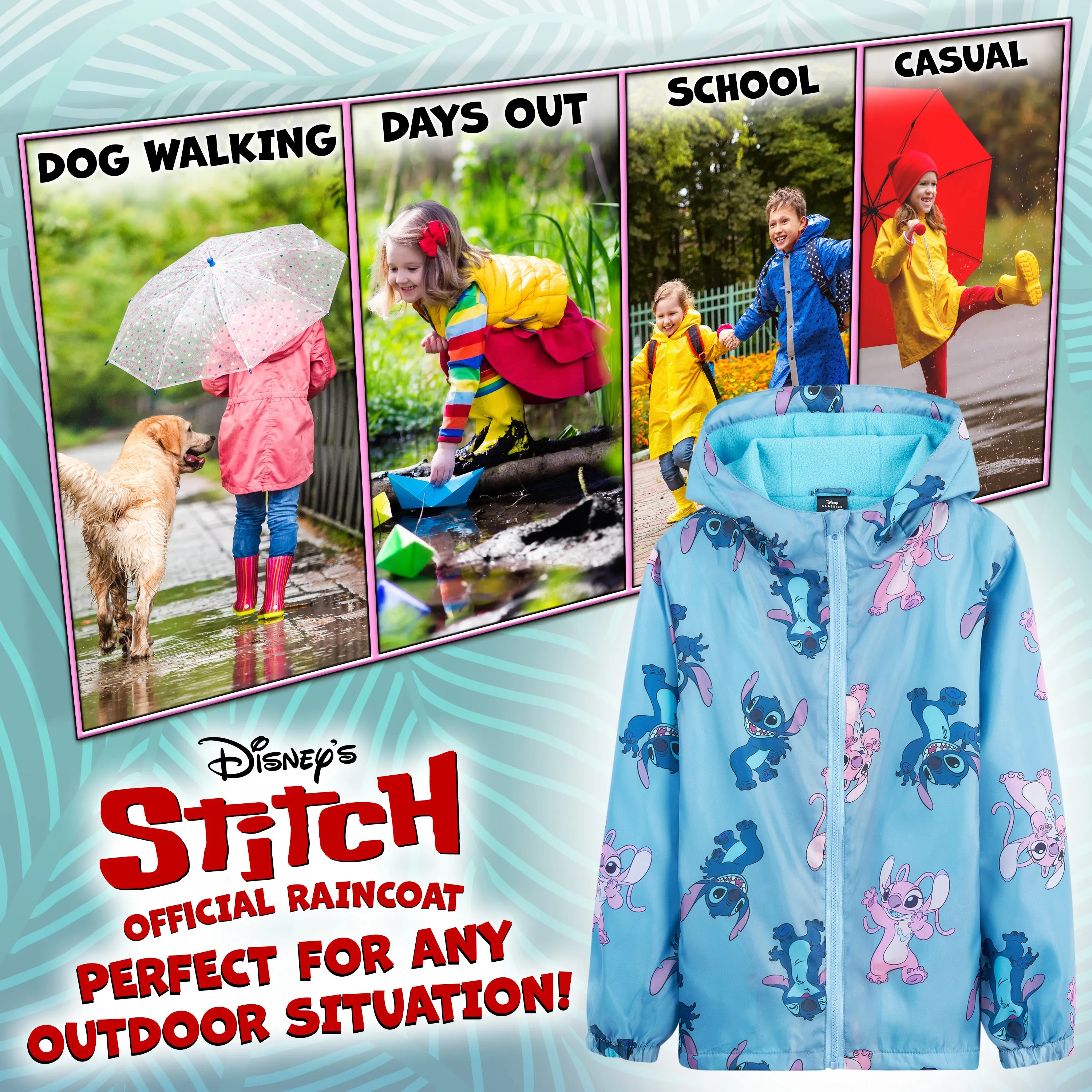 Disney Stitch Girls Raincoat - Waterproof Hooded Jacket for Kids