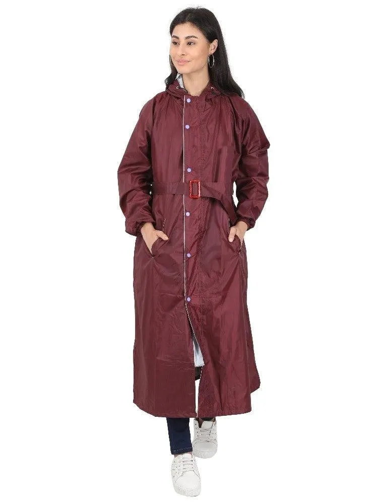 Fabseasons Maroon Raincoat for Women with Adjustable Hood & Reflector for Night visibility