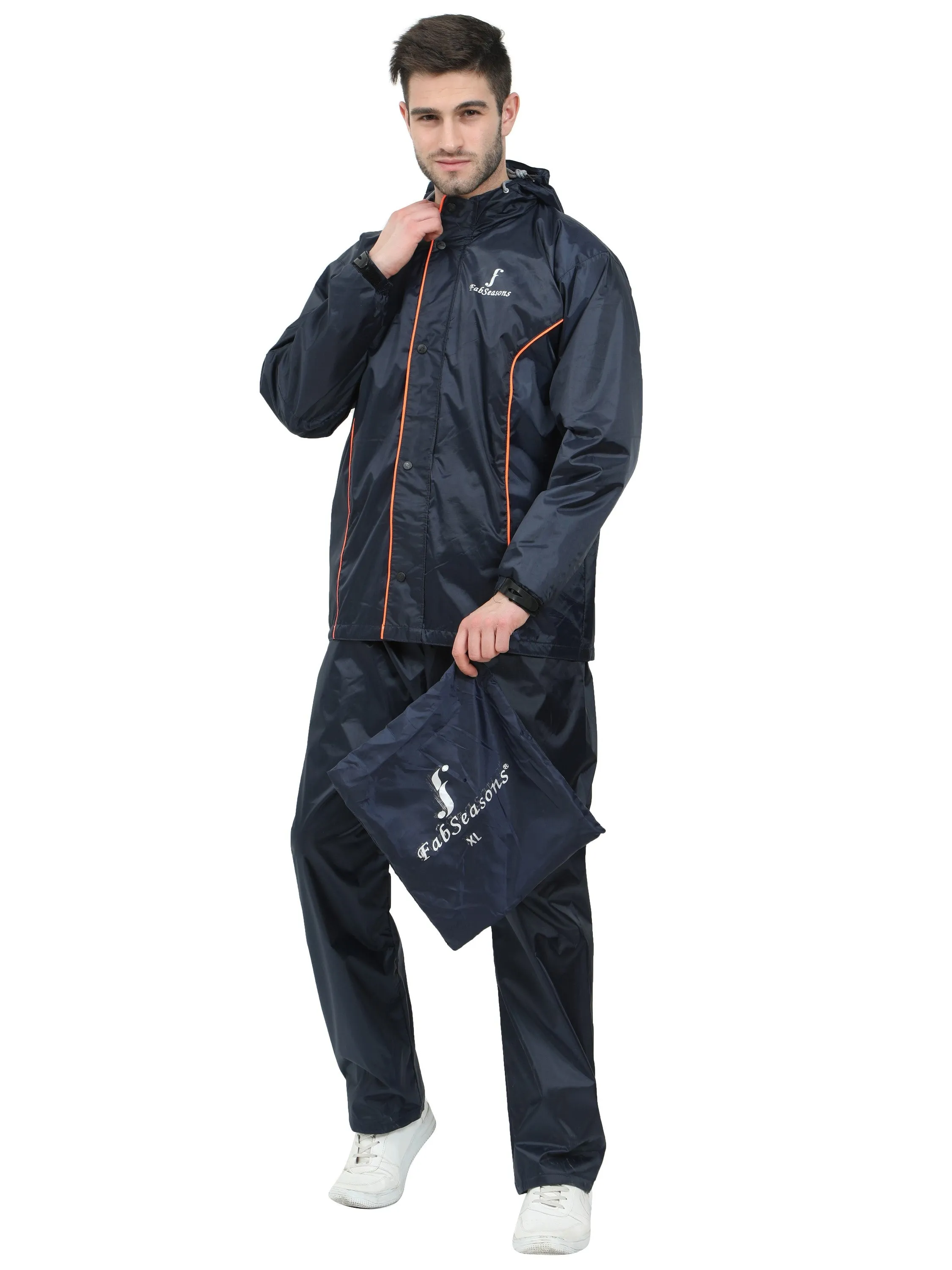 FabSeasons Premium 100% Waterproof Unisex Raincoat for Men & Women with Hood- BlueOrange