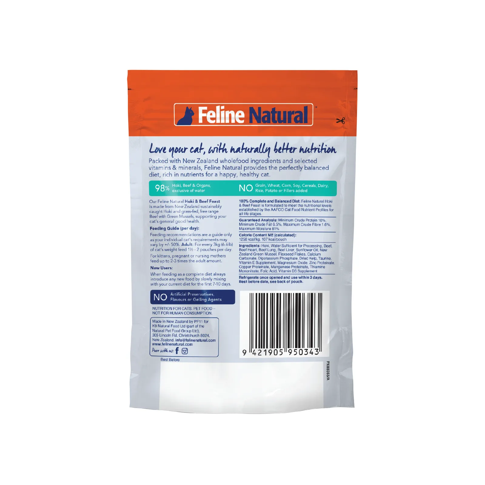 Feline Natural Grain Free Pouches Hoki & Beef Feast 85g x 12