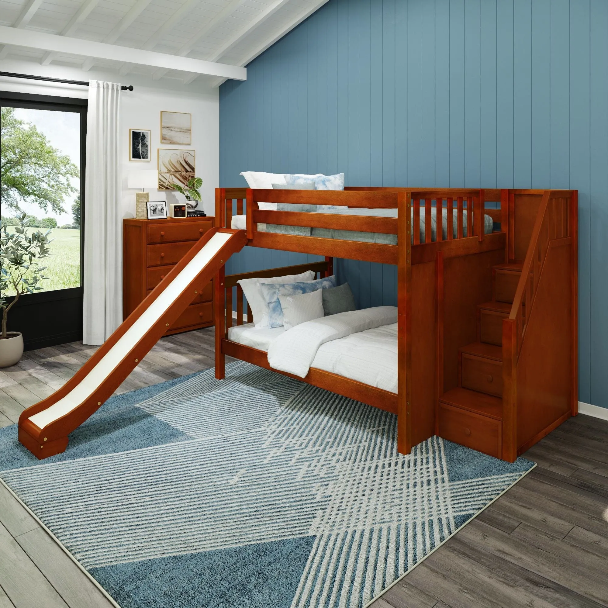 Full XL Medium Bunk Bed with Stairs and Slide