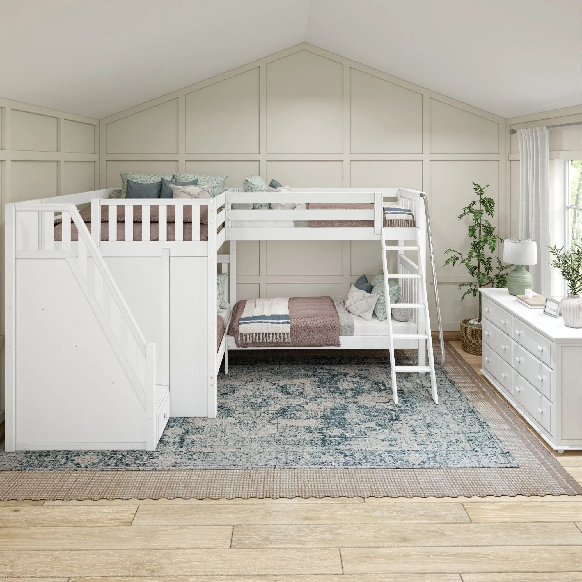 Full XL   Twin XL High Corner Bunk with Angled Ladder and Stairs