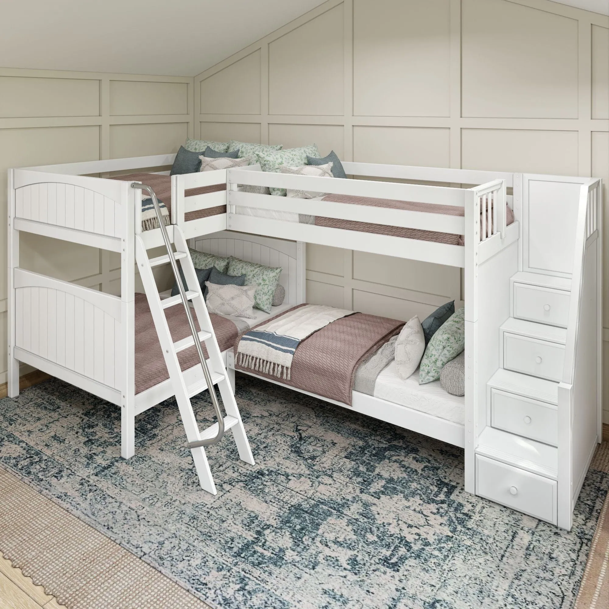 Full XL   Twin XL High Corner Bunk with Angled Ladder and Stairs