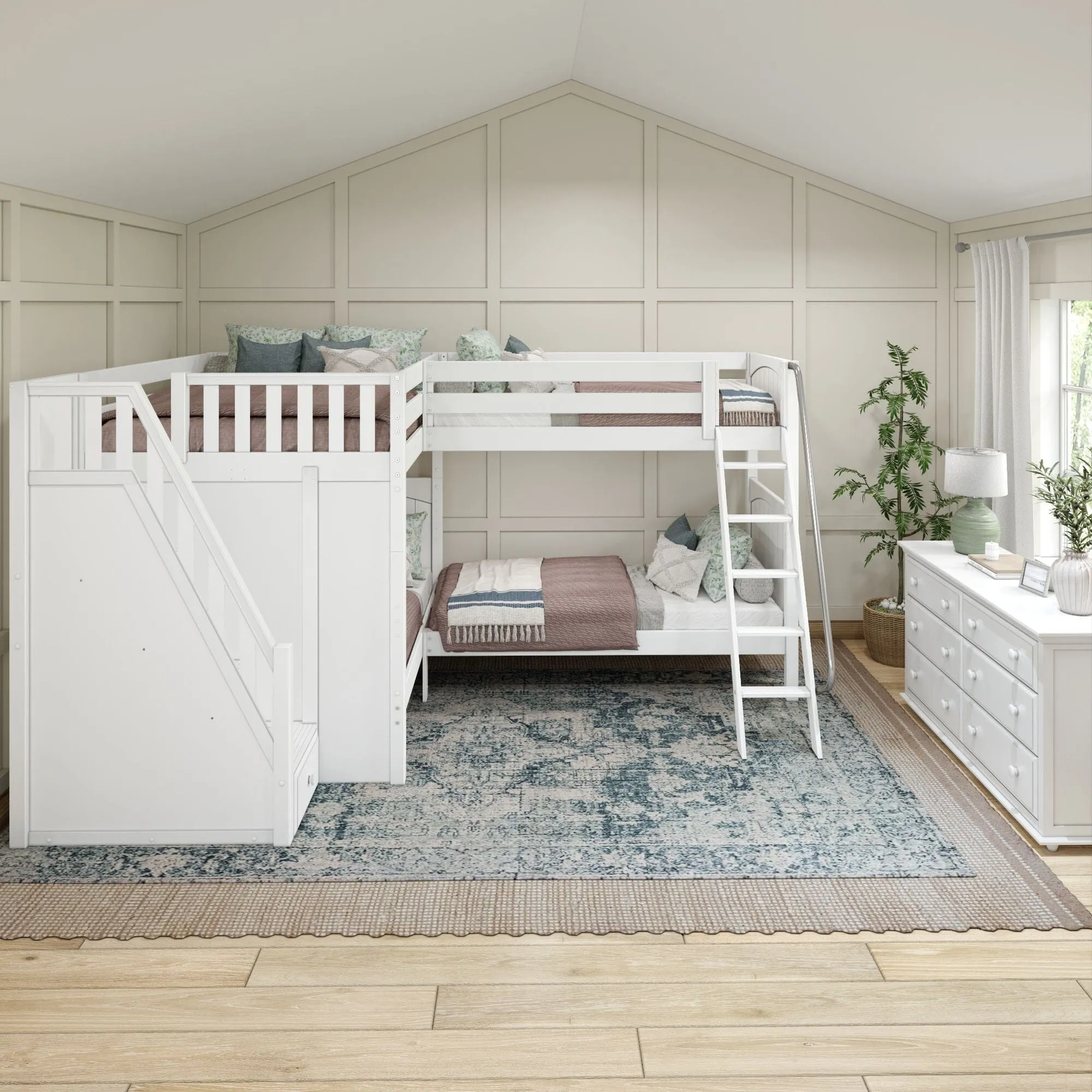 Full XL   Twin XL High Corner Bunk with Angled Ladder and Stairs