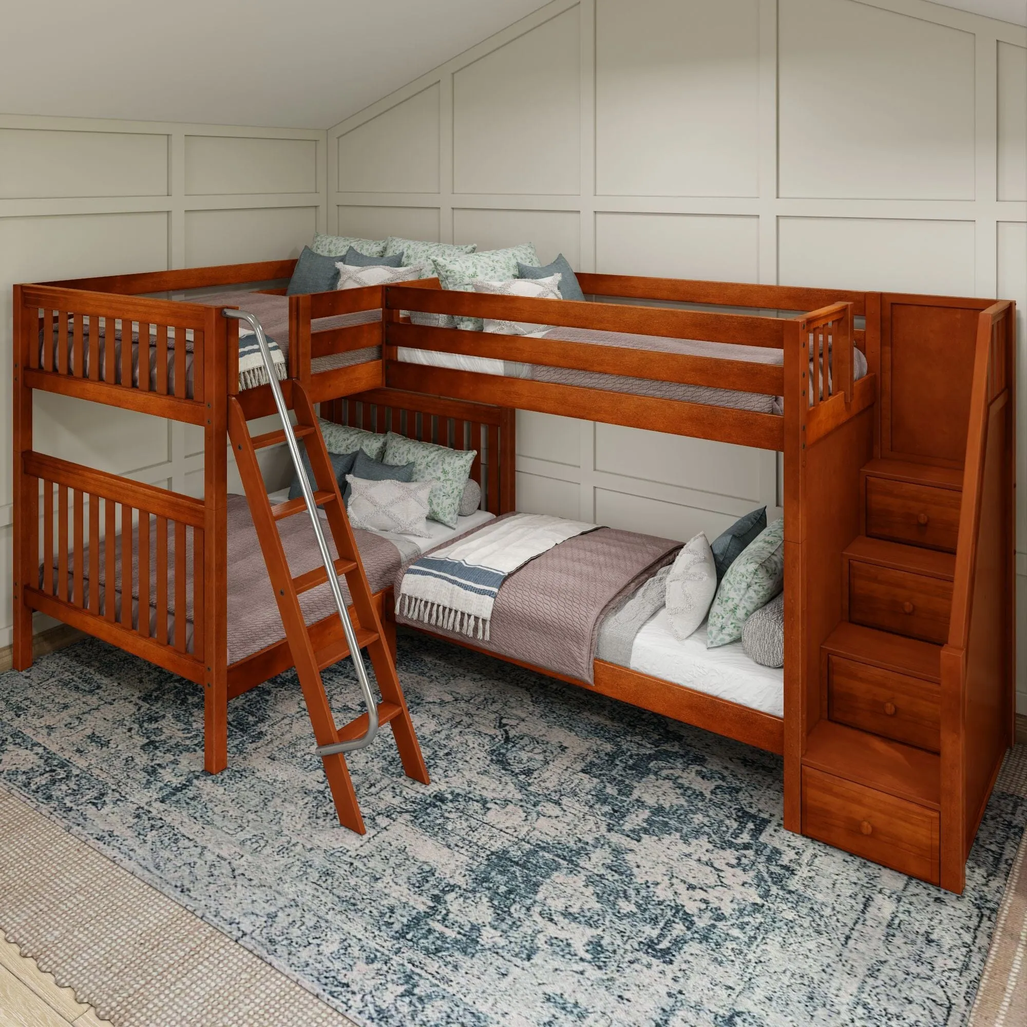 Full XL   Twin XL High Corner Bunk with Angled Ladder and Stairs