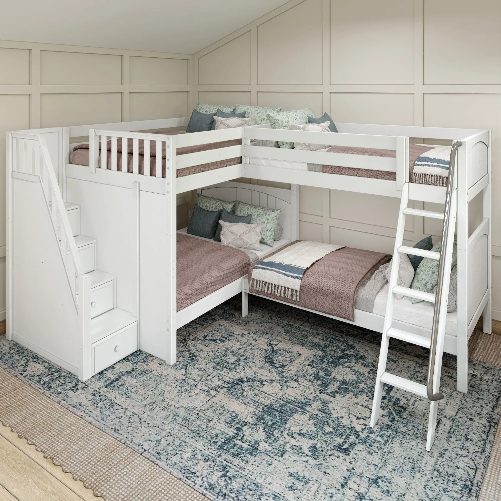 Full XL   Twin XL High Corner Bunk with Angled Ladder and Stairs