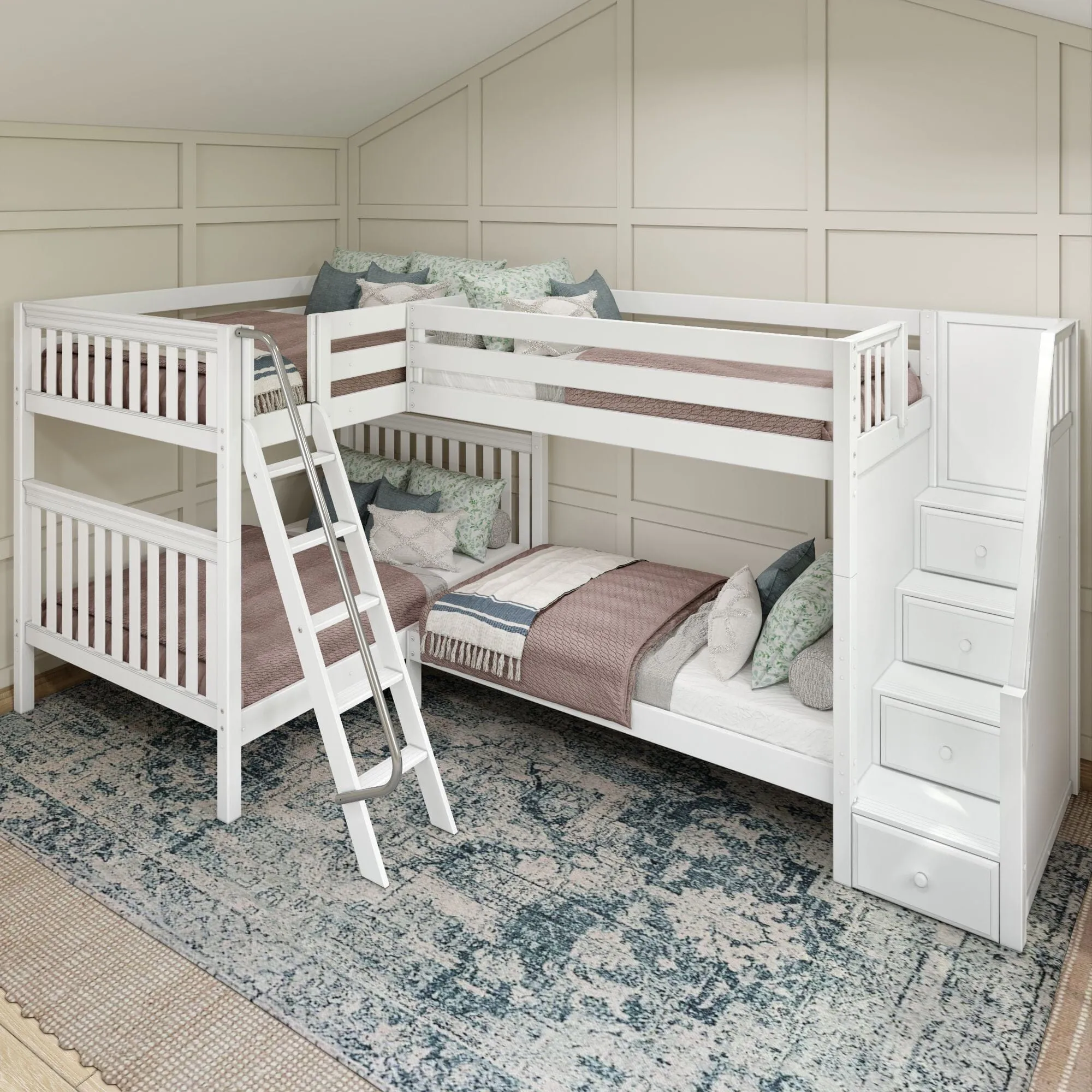 Full XL   Twin XL High Corner Bunk with Angled Ladder and Stairs