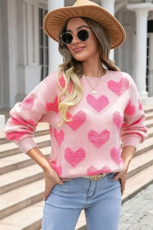 Fuzzy Heart Pink Knit Sweater Valentine
