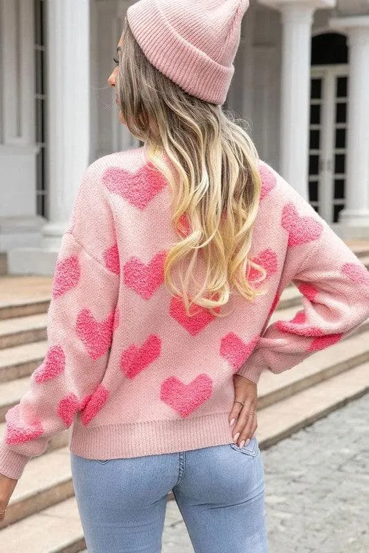 Fuzzy Heart Pink Knit Sweater Valentine