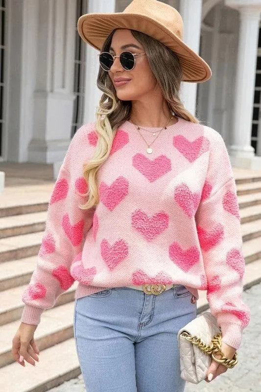 Fuzzy Heart Pink Knit Sweater Valentine