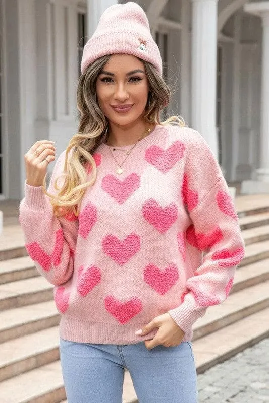 Fuzzy Heart Pink Knit Sweater Valentine