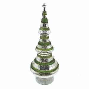 Glass table top tree, antique silver with green bands and vintage glitter trim, LED, 14 in