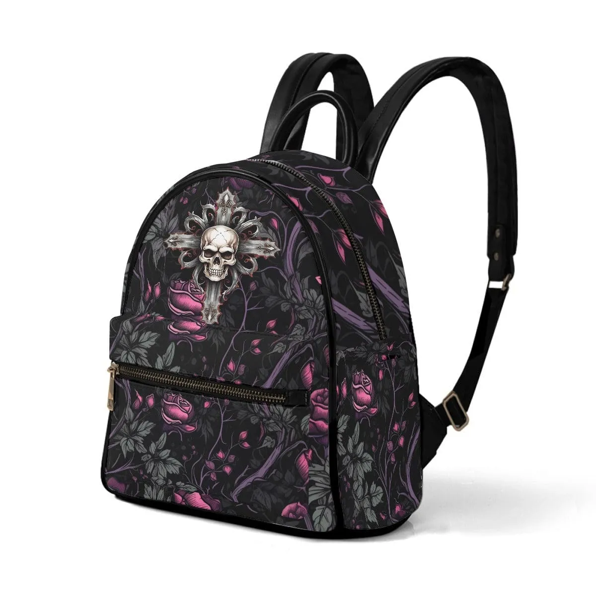 Gothic Pink Roses And Vines Skull Cross Small Size Backpack