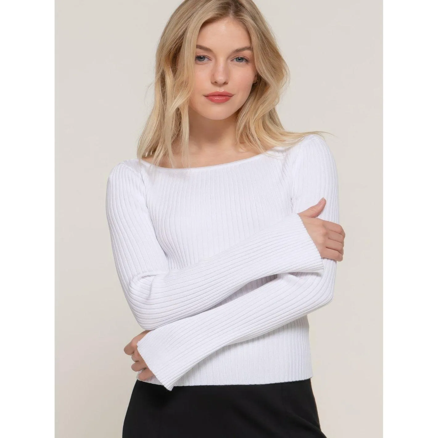 Long Sleeve Boat Neck White Sweater