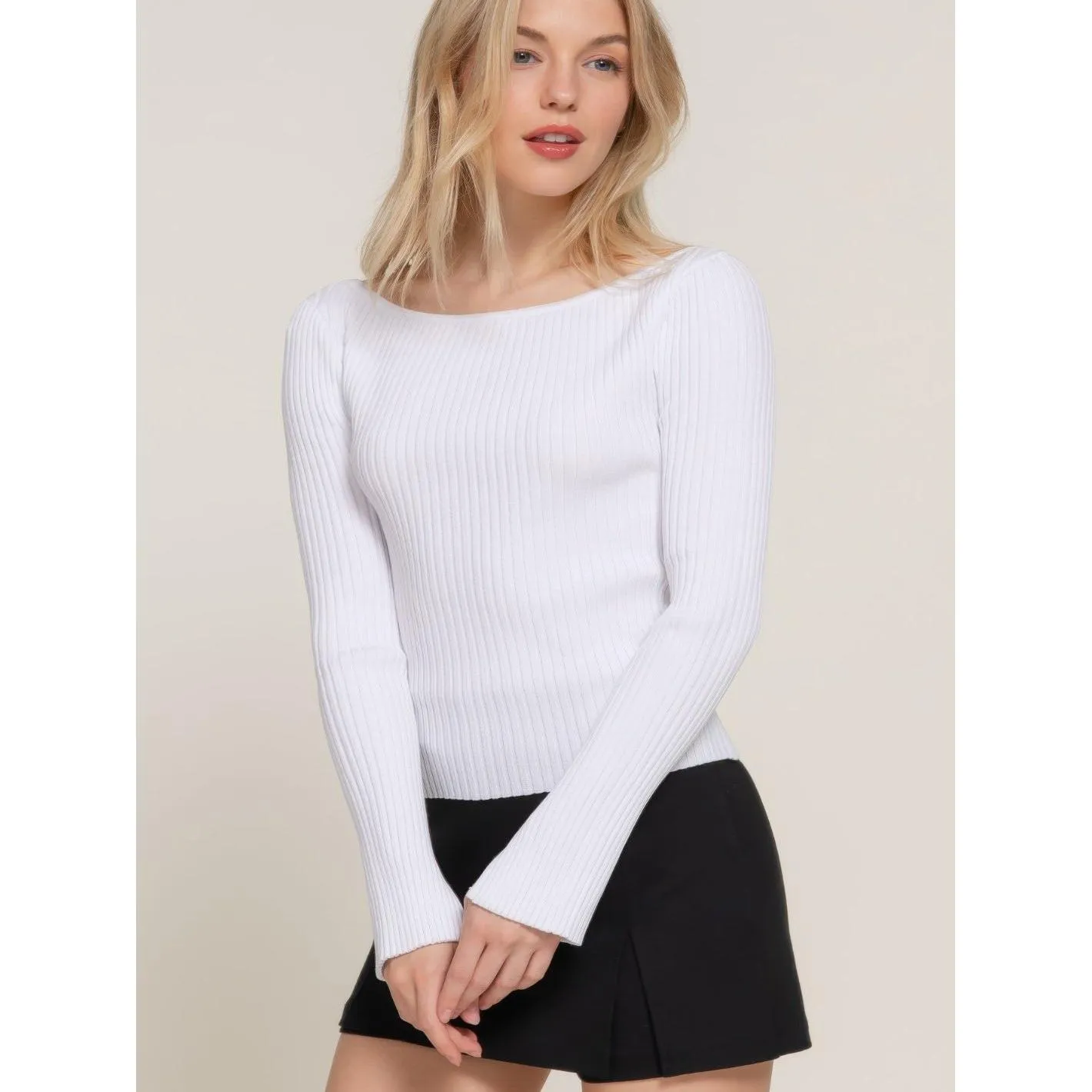 Long Sleeve Boat Neck White Sweater
