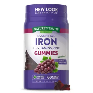 Nature's Truth Essential Iron   B-Vitamins Zinc Natural Grape 60 Vegan Gummies